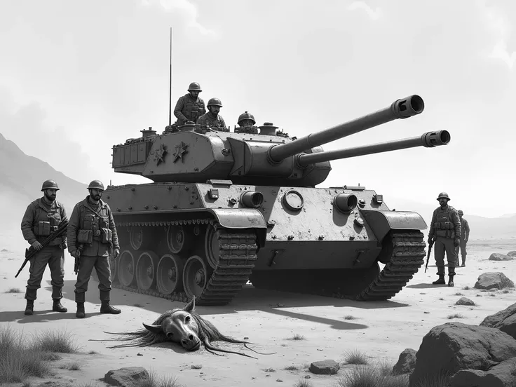 war tank located in the desert with soldiers surrounding the tank and the head of a horse in a grayscale background.
