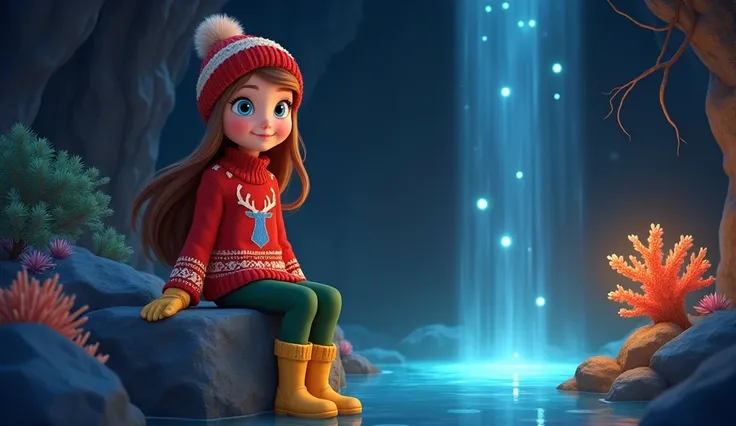  image for a cartoon story YouTube video in Disney style: format Pirax. Brie ,  tall A  girl with long brown hair and bright blue eyes,  x} dressed in a warm knitted red sweater with deer ,  green pants ,  yellow boots ,  a woolen hat with a pompom and mit...