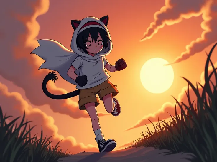 Yuffie Kisaragi running through the shadows ninja style with a sunset in the background, dynamic and fun image, headband, moogle, animal hood, white cloak, tan shorts, single thighhigh, fishnets, socks, sneakers