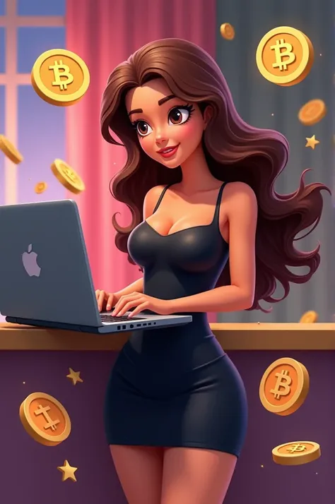 Fun background a bit colorful and crypto coins around and rich hot girl in a simple tight black dress and perfect brown hair working on laptop and money flying around unrealistic animated