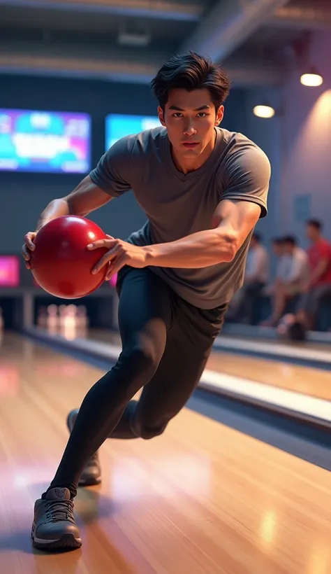 (photorealism:1.2), very Handsome japanese man, 22-27 year-old, tight jersey, playing bowling, competition 