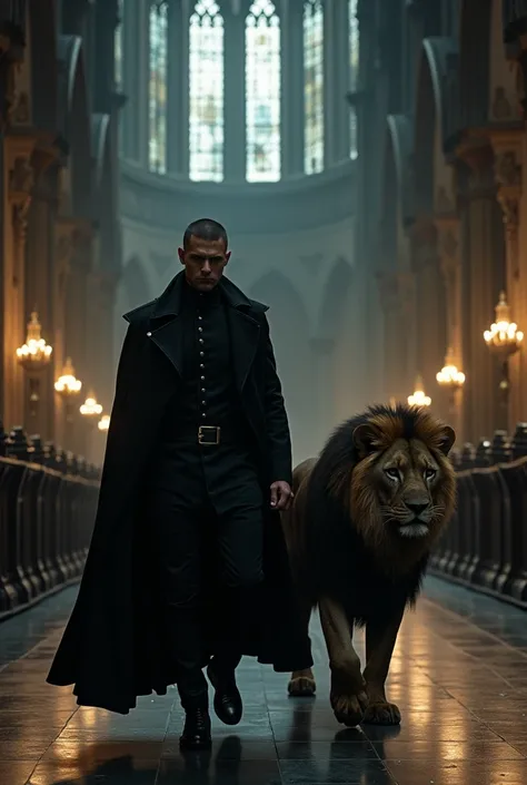 man with black hair, Wearing a black outfit,  walking imposingly alongside a lion. The setting is a cathedral  