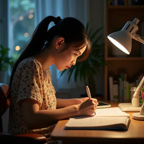 A beautiful asian girl aged 20 is writing on a paper on her desk at night. Sitting on swivel chair. There is a reading table lamp, house plant and a bookshelf. She is wearing floral pattern blouse. Tie her back hair. From side view, looking at the paper.