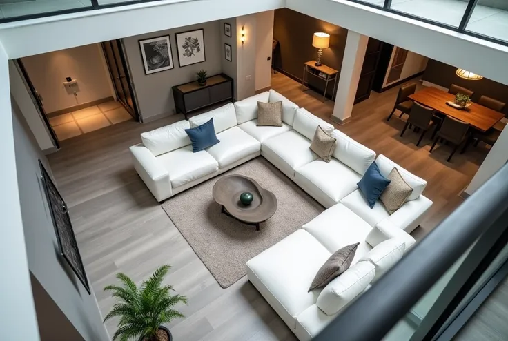 A high-angle view of a recently renovated basement with contemporary design elements, including a large white sectional sofa and a gray-toned wood-look floor