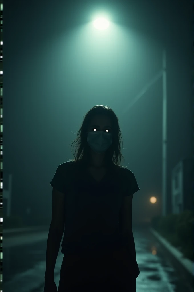 The camera pans to a woman standing under a flickering streetlight. She wears a surgical mask, her eyes lifeless but piercing.
