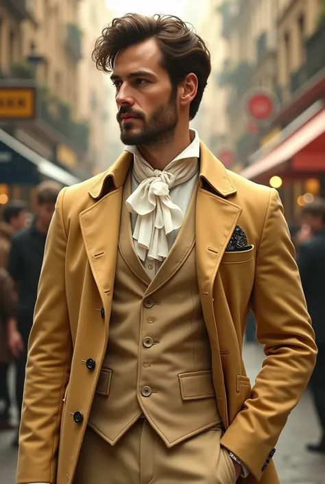 A man with a regency era themed attire, with a 2024 modern outlook, where the attire is golden-beige