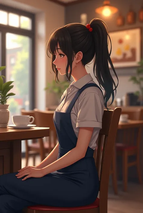 my girlfriend with a ponytail is a waitress sitting on a chair in a cafe