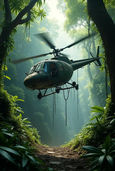 In the jungle 
Let a helicopter fall on top of the tree be torn apart 

Let it hang on the tree 