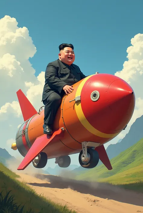 Kim Jong Un qui chevauche un gros missile ( dans un style Pokémon )