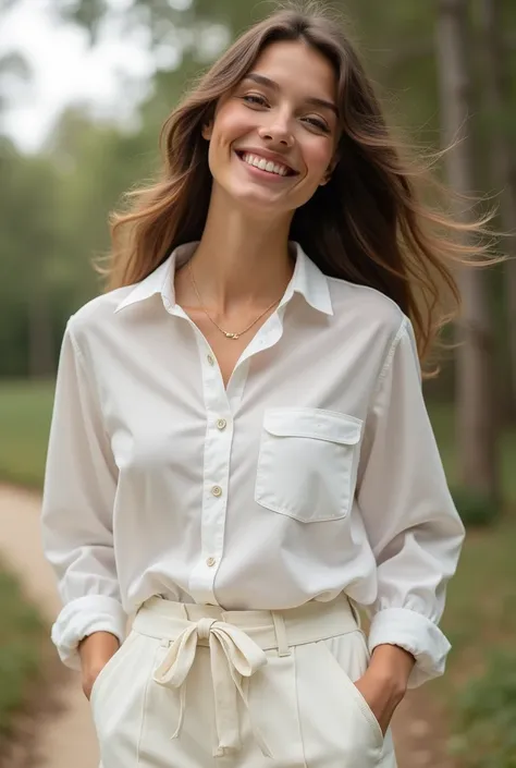  Model womens white blouse canvas pants, Happy brown hair 