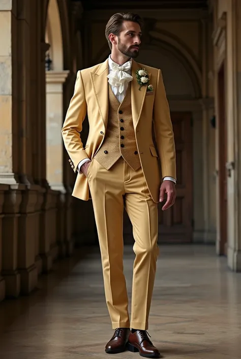 A man with a Victorian era themed wedding attire, with a 2024 modern flair to it, where the attire is golden-beige, and with dark brown shoes. All the features of the outfit matches perfectly