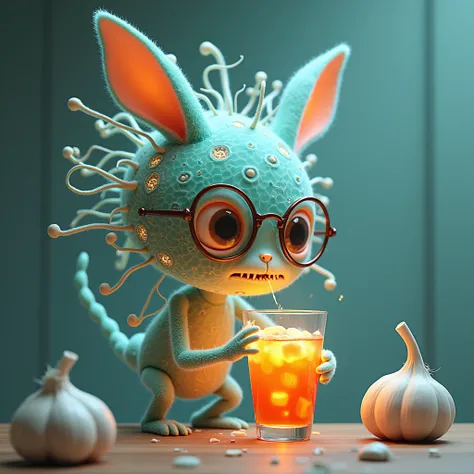 A neuron drinks with minced garlic ,  rabbit teeth and glasses looking at the camera