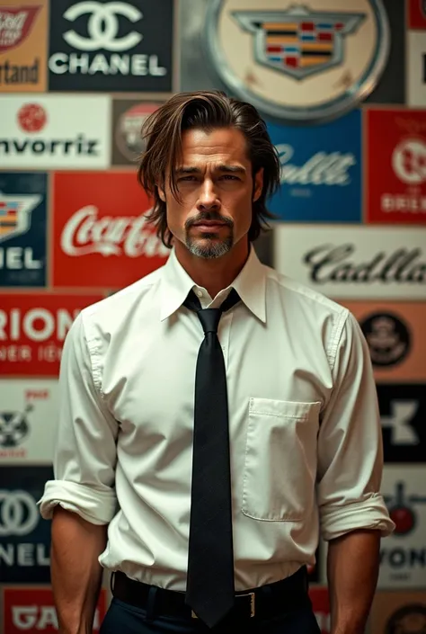 A close-up of product endorsements, featuring logos like Chanel, Cadillac, and Brioni. Brad pitt standing in middle, wearing the tyler durden costume