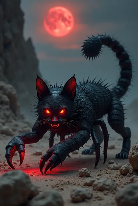 " Create a dark and terrifying creature ,  a fusion between a scorpion and a cat .  The body is sinuous and covered by a black carapace with dark reflections ,  where pieces of shaggy fur and thorns emerge ,  giving a grotesque appearance . The head is fel...