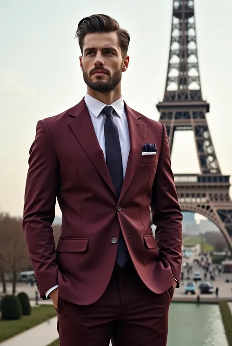 Handsome man dressed in burgundy suit has the Eiffel Tower behind 