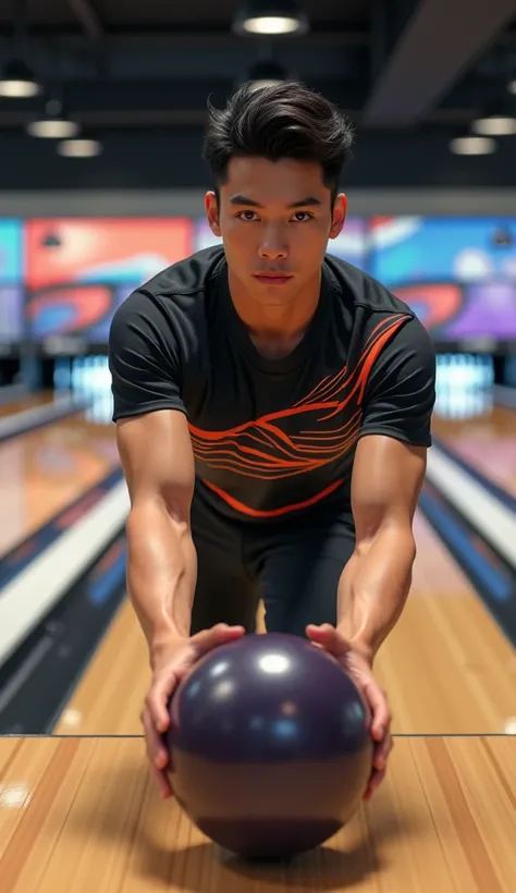 (photorealism:1.2), very Handsome japanese man, 22-27 year-old, tight jersey, playing bowling, standing 