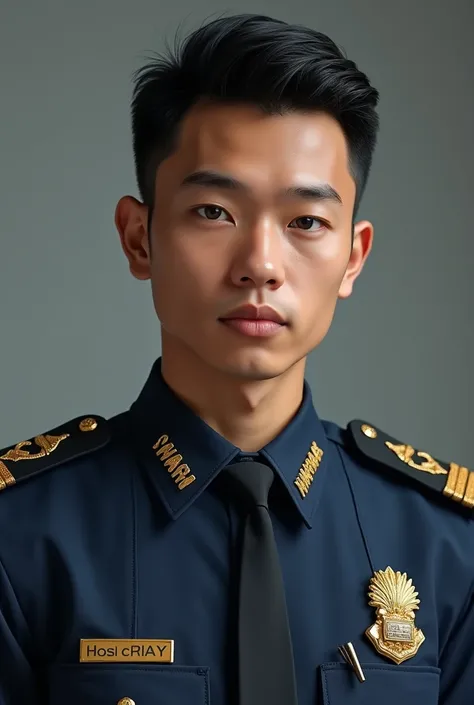  Make a fitting picture of a young man 20 years old with height 170 cm.  He wore a neat Indonesian police official uniform ,  complete with appropriate logo and attributes .  His skin is light brown ,  gives a fresh and energetic impression . 

 His hair i...