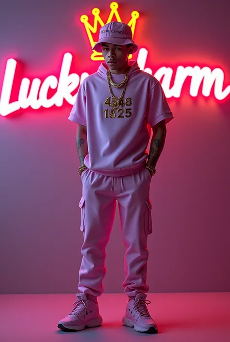 A captivating 3D render of the slim-styled character Luckcharm. a 20 year old man dressed in a tshirt pink outfit, and wearing a cap with her name “Agent ” in metallic gold letters. he poses elegantly next to the vibrant “LuckyCharm ” logo, which features ...