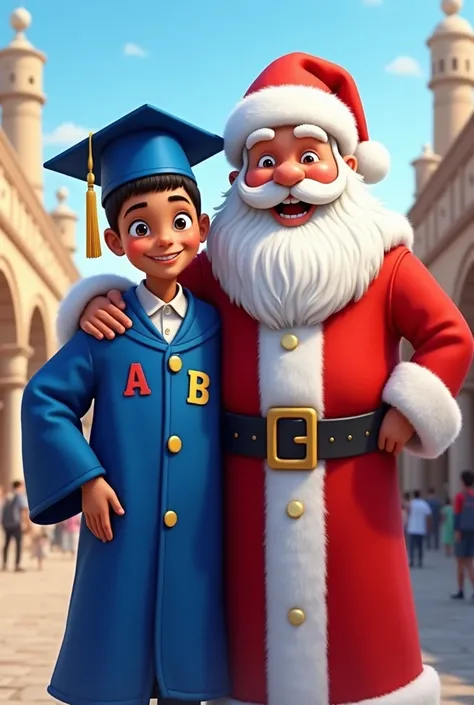  Draw a boy wearing an abc graduation outfit in the color blue.
 Is he next to Santa
Khartoum style,PNG image with no background .
