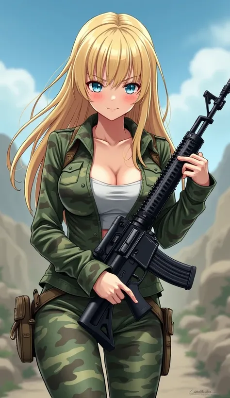 1 young woman, army camouflage attire, blonde hair, blue eyes, vast breasts, big ass, big thighs, full body, holding rifle, flushed cheeks, embarrassed expression, sexy, distant view, full body, tight camouflage pants, anime