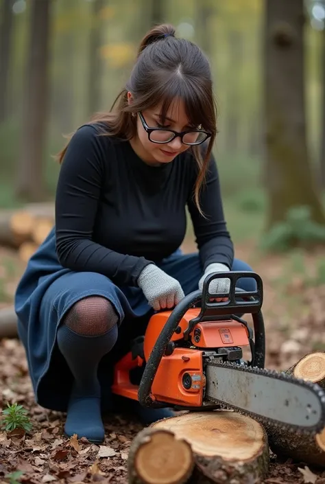 Real sexy schoolgirl with glasses with her breasts out dressed in a tight black long-sleeved t-shirt with her breasts out, school dress, Women&#39;s stockings,  dark blue wool socks and heels  .   She uses a chainsaw , is cutting wood ,  she is squatting u...