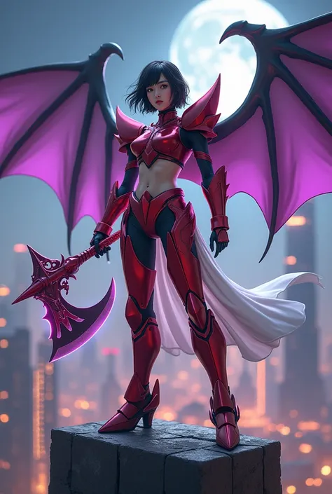 A beautiful Korean woman in her late twenties stands heroically on the rooftop of a towering futuristic building, wearing armor shaped like the body of Shin Getter Robo. The metallic red armor dominates her chest, hands, and legs with angular, sharp design...