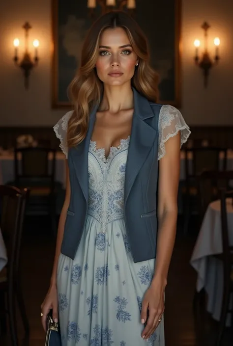 Woman wearing a dress wearing a blue and white dress and a vest to go to a dinner.