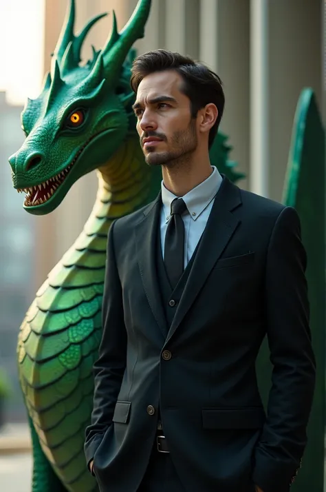 a short-haired man wearing a black suit accompanied by a green dragon