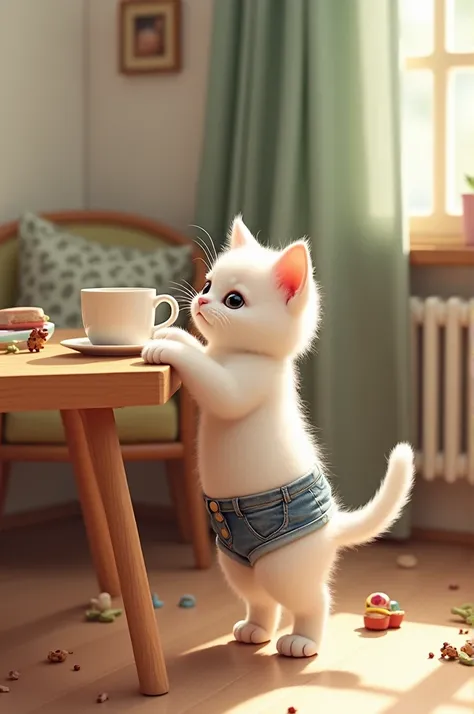 

"A playful white kitten wearing denim shorts approaches a wooden table inside a cozy room. On the table, there is a cup placed neatly. The kitten looks curious, standing on its hind legs, trying to reach or inspect the cup. The room is warm and inviting,...