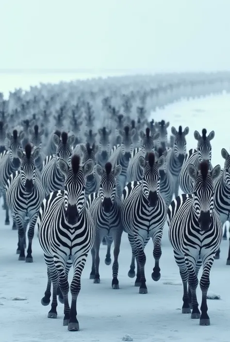 Create a thousand zebras walking on ice