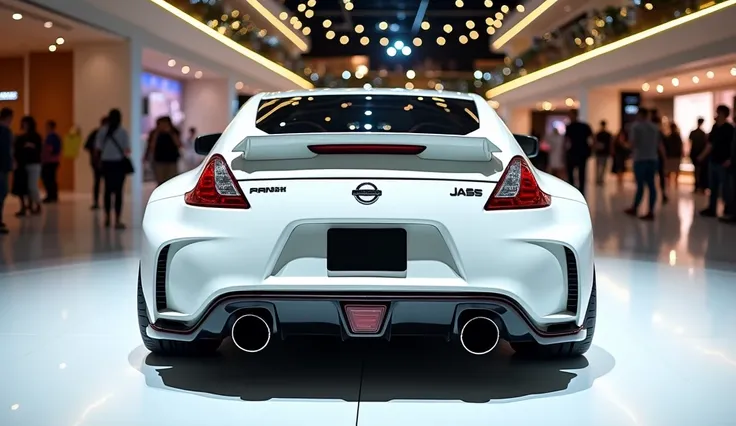 Photo Of The back bumper Of white Nissan Z With A Sleek Full Modified Modern Design.The Display Logo Of The Car Is Parked On A White Surface.The Background Is A Shopping Mall With White Lights.The Photo Reveals The Luxurious Interior.The Overall Ambience I...