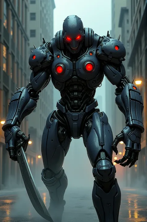 Make an Android , half man half machine,  with four red eyes , without mouth,  one arm that is a blade ,  and the other with four big fingers and claws .  Make it realistic in the American comic book format