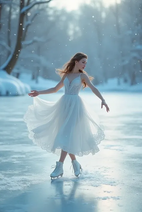  Girl Ice Skating on a Frozen Lake、 flowing dress 、Graceful Movement、Gently Falling Snow 、 Pink and Blue Pastel Colors 、 Cinematic Lights、 Intricate Ice Crystal Details 、 very detailed、 photorealistic、8k、masterpiece