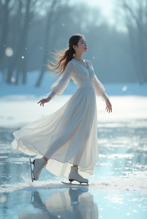  Girl Ice Skating on a Frozen Lake、 flowing dress 、Graceful Movement、Gently Falling Snow 、 Pink and Blue Pastel Colors 、 Cinematic Lights、 Intricate Ice Crystal Details 、 very detailed、 photorealistic、8k、masterpiece