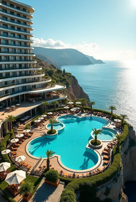 A vivid photo of a large hotel with sea views , , the sun is shining brightly on 2 swimming pools and a restaurant