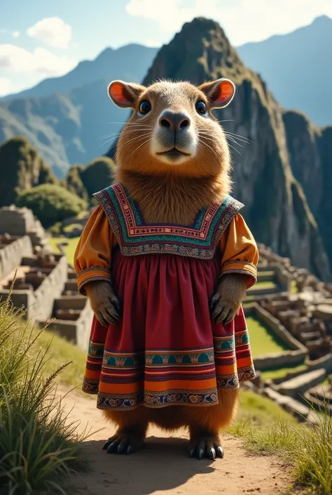 Big-headed female capybara with Peruvian dress and with MachuPicchu background