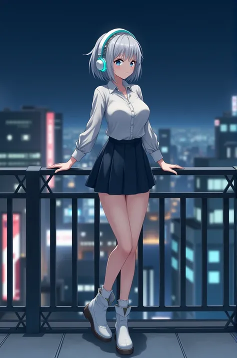  A somewhat mature woman， High target，  short gray hair，  blue pupils，white mint green edge headphones，shirt，Short skirt，Standing，Leaning on the railing， Night City ， anime style，White socks，Ankle boots