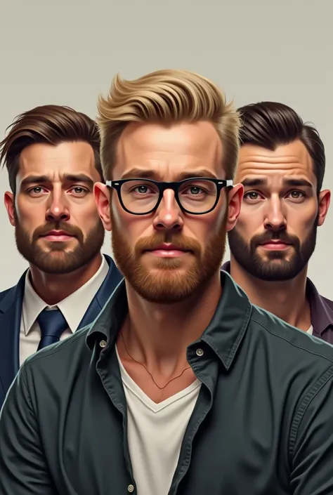 I want a picture of four men , A Barbat Chel Cu Barba Blond,  one blond with a beard and glasses, unu cu parul scurt și bărbierit, iar în mijloc sa fie un bărbat brunet tuns scurt și cu barba stil cioc. 