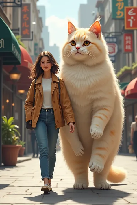 a woman dressed casually and walking with a very large angora cat 