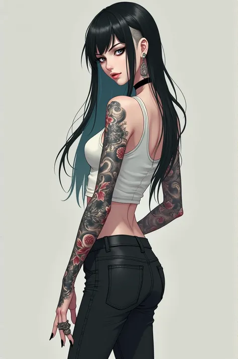 a woman with white skin and long black hair with a side-cut. The iris of her eye is completely black, due to the "eyeball" technique. One of her eyes is red and the other is white. Her body is covered in several tattoos, from her legs to her neck. She wear...