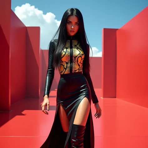 crie uma imagem de um palco de desfile de moda todo vermelho. O foco principal é (Stephany Gerutiérrez with long straight black hair, blue sky eyes, long eyelashes creating a cat effect, warm makeup with natural blush lips, soft tanned texture, glossy lips...