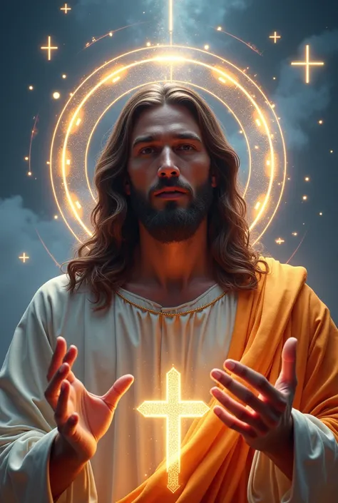 " A hyperrealistic and futuristic image of Jesus Christ ,  with high resolution and an impactful visual style .  Jesus must be represented with traditional features :  slightly tanned skin ,  Deep and serene eyes ,  long brown hair with a slight wavy , and...