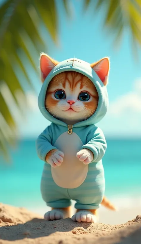  realistic な赤ちゃん猫, Baby cat standing on a large palm tree ,  Baby cat with stitches on its head ,  Baby cat wearing a light blue and white striped costume,  baby cat wearing head to foot costume ,  cute baby cat standing with 2 back legs ,  realistic で写実的な...