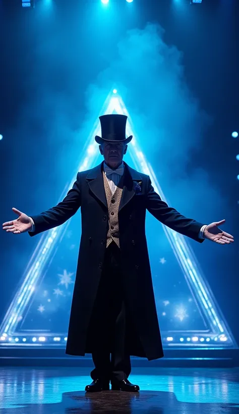  An elderly man dressed in an elegant vintage magician costume , wearing a black tailcoat ,  white gloves and an ornate top hat .  He takes center stage at Americas Got Talent ,  with dramatic blue lights reflecting on an illuminated triangular structure b...