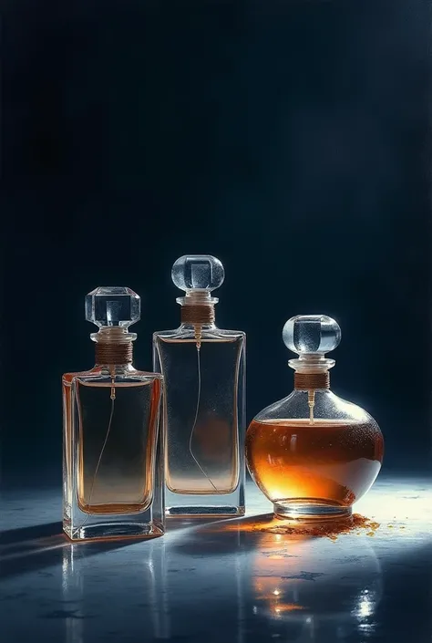 3 perfume bottle, 1  bottled spilled, night surrounding and looks elegant , no brand logo (drawing) 
