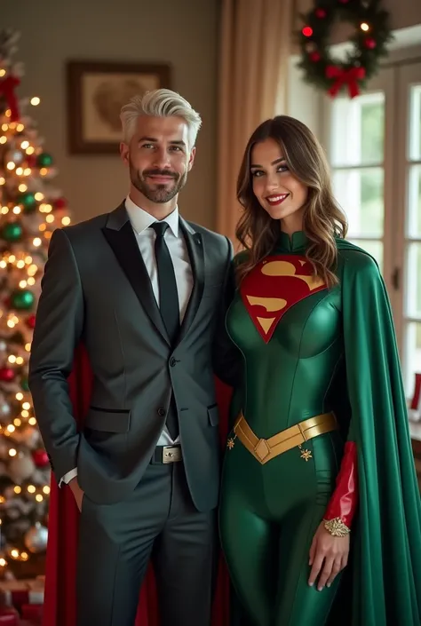 Background a room with Christmas decorations. Two male and female superheroes together as friends:
1 male: attractive young Ukrainian man,
27 years old, dark grey elegant suit, huge bulge in crotch, black tie, black superhero cape, white blond hair well co...