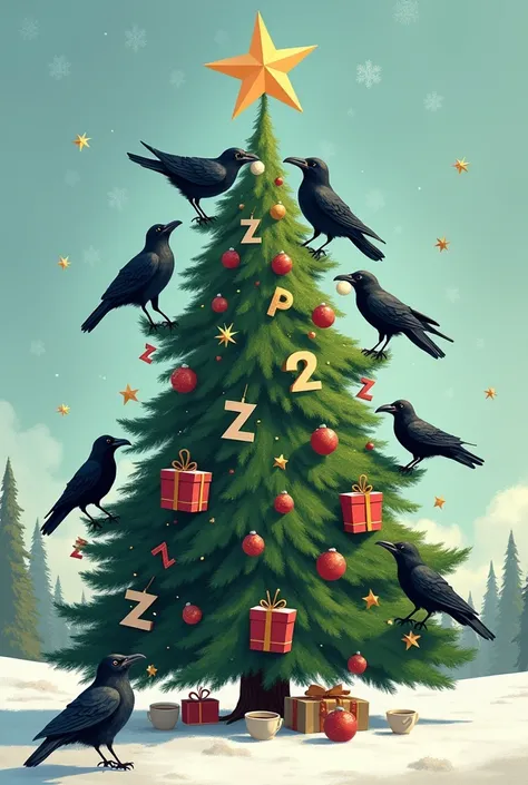 New Years fir decorated with many letters Z around it, crows are circling and drinking coffee