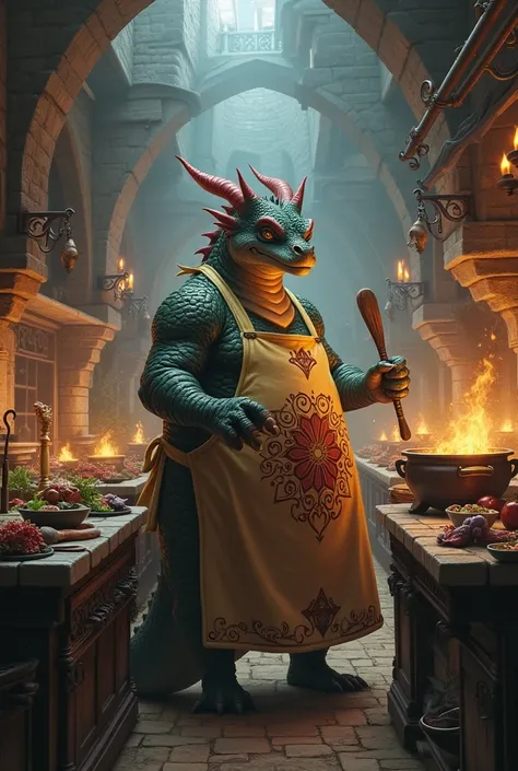 Wearing an apron、Big body、 fat、Nice looking 、The age is old lady 、A female dragon cooking in a large kitchen inside the Demon Castle