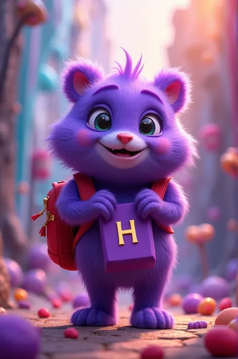 Bob is "
This image shows Bob, a cute, fluffy purple creature, holding a purple bag with a gold "H" on it. Bob is also wearing a purple backpack. If youre looking for Bob to specifically have a red backpack, let me know, and I can describe or generate an i...