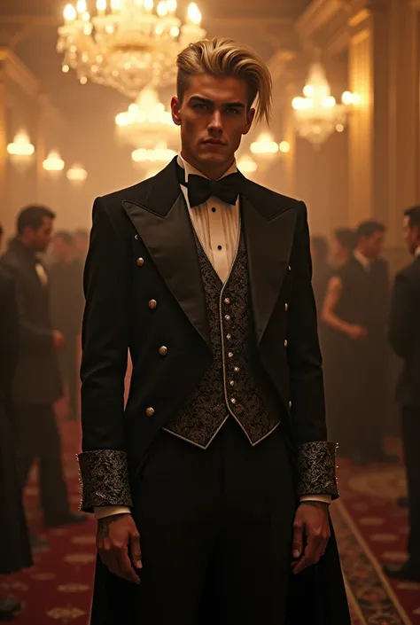 Imagine Victor, a handsome young man standing with commanding elegance at the edge of a grand banquet hall. He holds a delicate crystal glass of red wine in his hand, the dark liquid catching the soft, golden shimmer of the chandelier above. His gothic-sty...